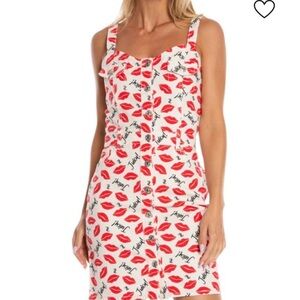 Juicy Couture Denim Dress Red Lips Print Button Front Overall Mini Size L NWT